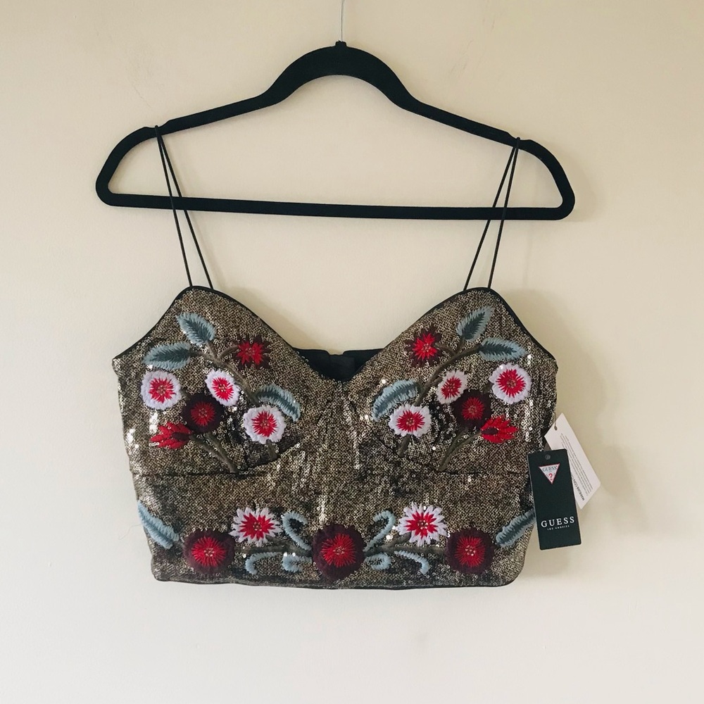 Guess Topeka Embroidered Sequin Floral Bustier Cami Top, NWT
